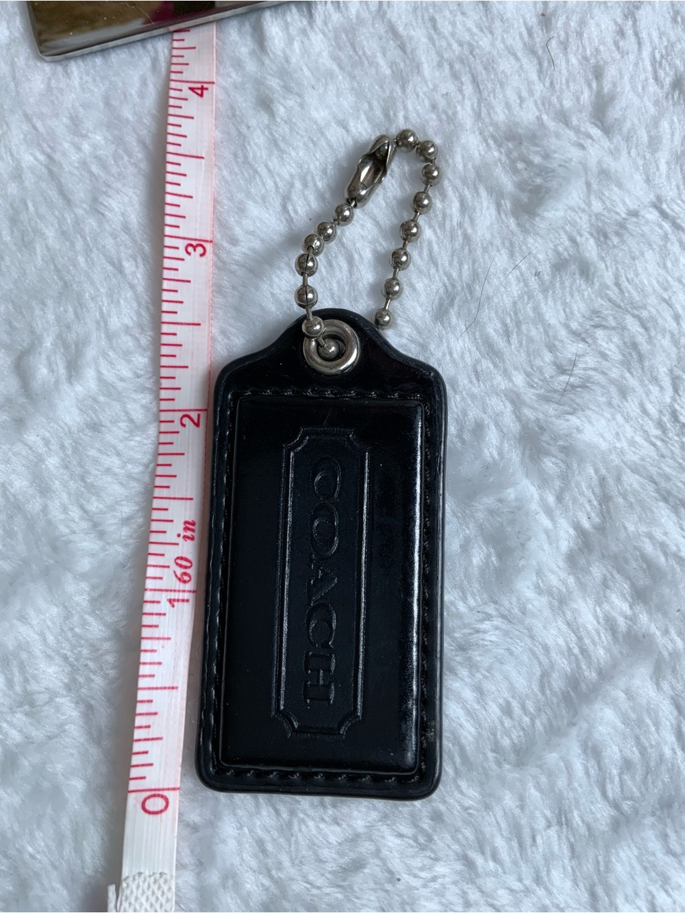 Coach Black Leather Rectangle Key Tag with Silver Ball Chain